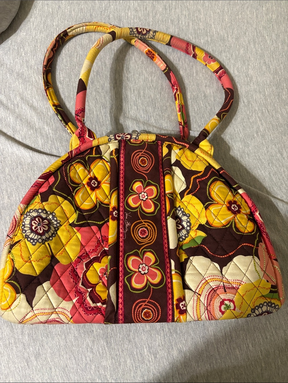 Vera Bradley Quilted Floral Dome Tote — Yellow, Brown & Pink